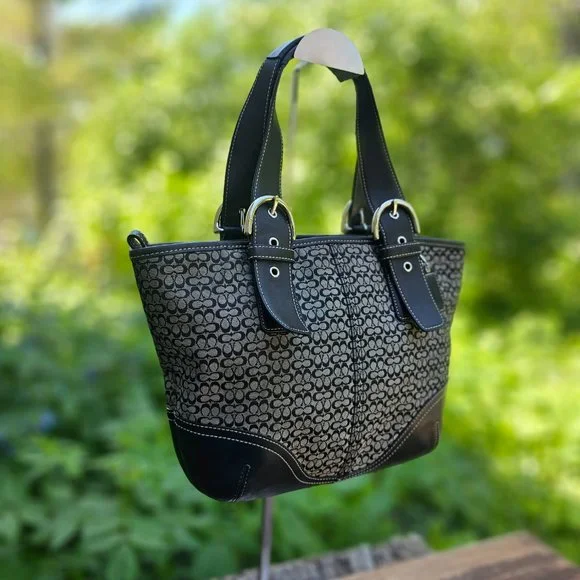 Coach Signature Shoulder Tote Bag Handbag Black and Tan Leather/canvas - Picture 3 of 15